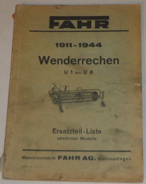 Teilekatalog Fahr Wenderrechen U1 bis U8 von 1911-1944