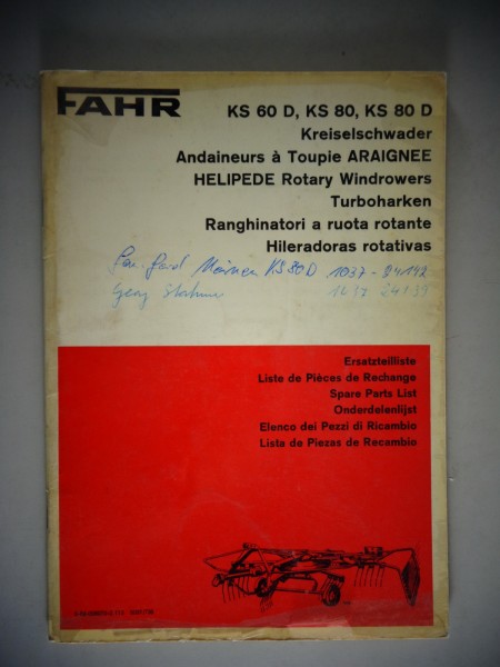 Teilekatalog Fahr Kreiselschwader KS 60 D, KS 80, KS 80 D von 1973