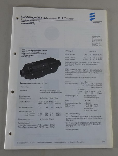 Technische Beschreibung/Einbauanweisung Eberspächer B1LC/D1LC/-compact von 01/98