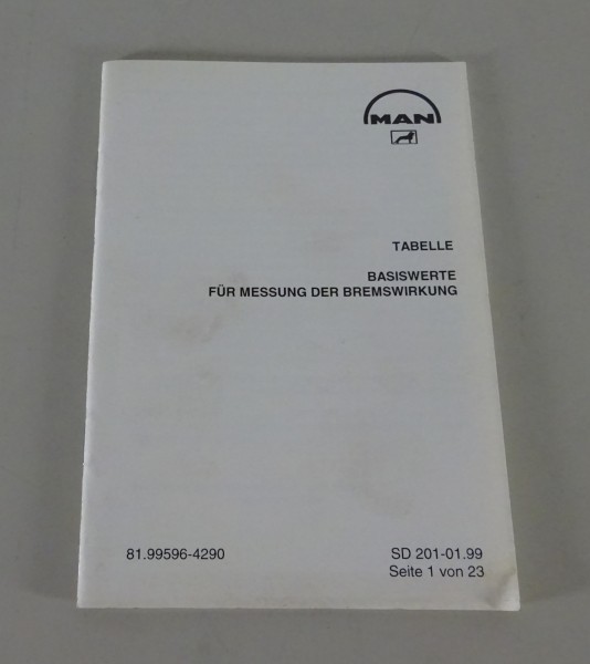 Tabellenbuch Nutzfahrzeuge MAN LKW + Bus Bremswirkung Messwerte Stand 01/1999