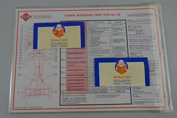 Gasolin Schmierplan für Tempo Matador 1000 Baujahr 1952 bis 1955 Stand 03/1963