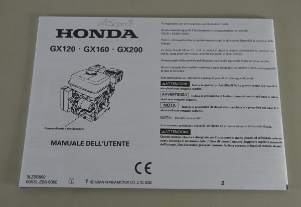 Manuale dell´utente Honda Generator GX120 GX160 GX200 Stand 2002