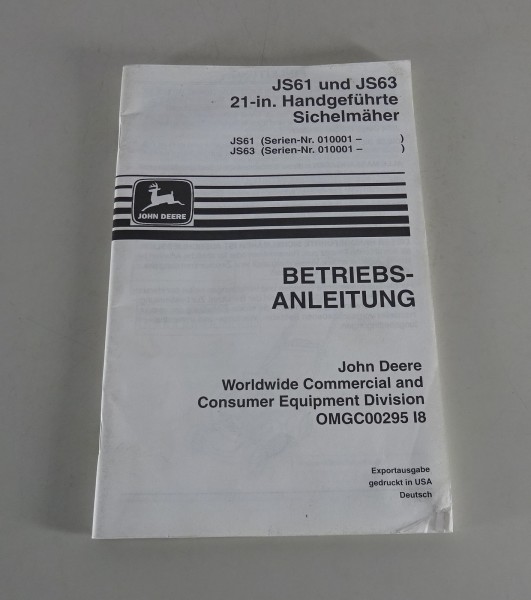 Betriebsanleitung / Handbuch John Deere Rasenmäher JS61 & JS63 Stand 1998