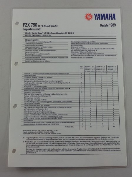 Inspektionsblatt Yamaha FZX 750 Typ 2JE Baujahr 1989