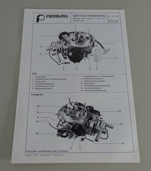 Handbuch Pierburg Vergaser 2E3 in VW Polo Coupé 1,3l / Typ 2 1,9l Stand 01/1983