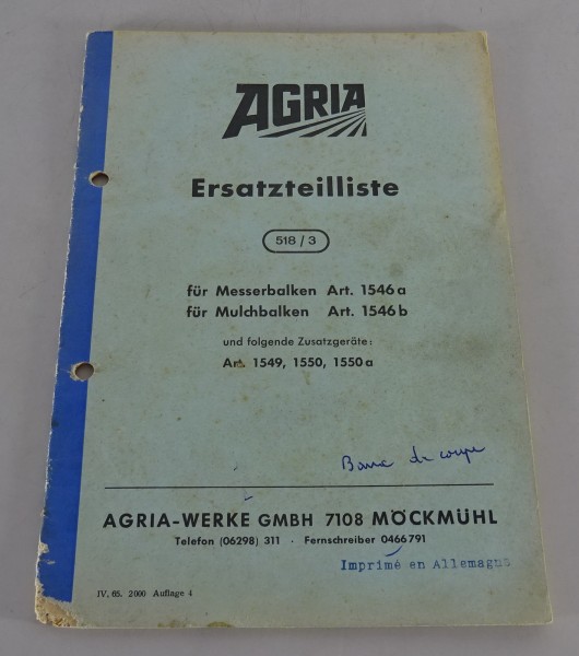 Teilekatalog / Ersatzteilliste Agria Messerbalken / Mulchbalken von 04/1965