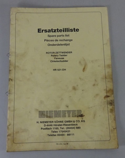 Teilekatalog / Spare Parts List Niemeyer Rotor-Zettwender HR 521-DH von 01/1988