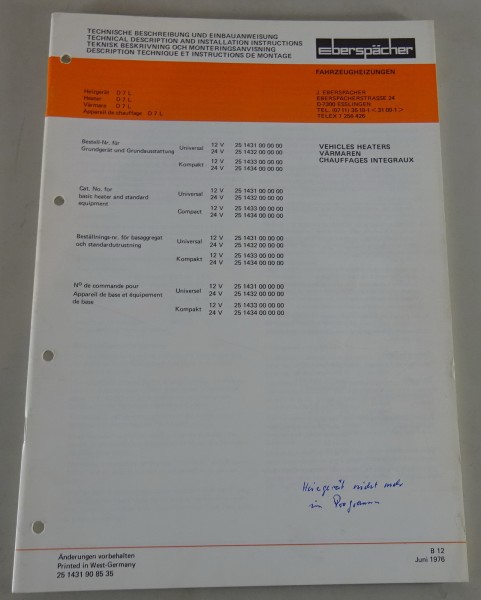 Technische Beschreibung/Einbauanweisung Eberspächer Heizgerät D7L Stand 06/1976