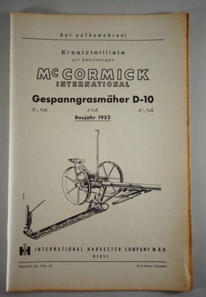 Teilekatalog McCormick International Ölbad-Grasmäher D-10 Baujahr 1952