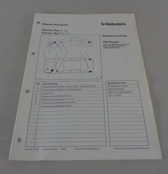 Einbauanweisung Webasto Standheizung Thermo Top / T VW Passat Stand 05/1992
