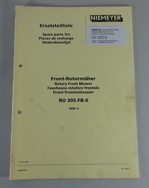 Teilekatalog / Spare Part List Niemeyer Front-Rotormäher RO 305-FB-II ab 10/1999