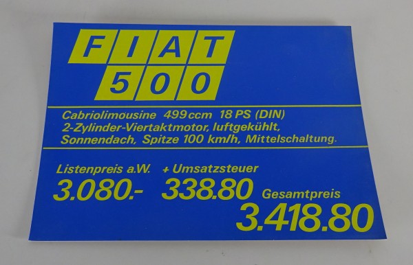 Preisschild Fiat Händler für Fiat 500 Cabriolimousine Stand ca. 1968