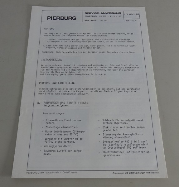 Handbuch Pierburg Vergaser 175 CDT in Mercedes-Benz W 123 200 Stand 01/1981