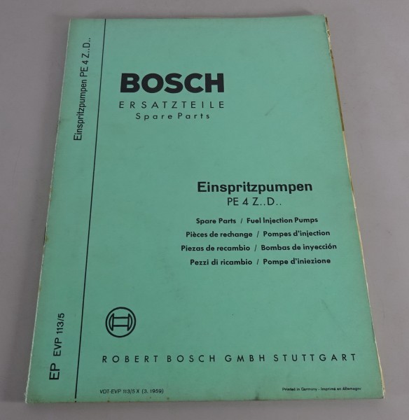 Teilekatalog Bosch Einspritzpumpen PE 4 Z.. D.. Stand 03/1959