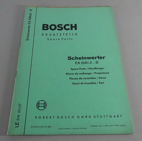 Teilekatalog Bosch Scheinwerfer EA 200x2.. B Stand 09/1961