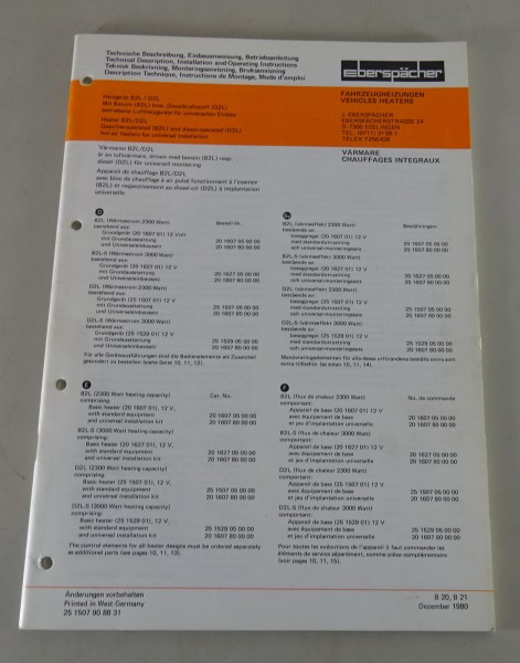 Technische Beschreibung/Einbauanweisung Eberspächer Heizgerät B2L / D2L von 12/80