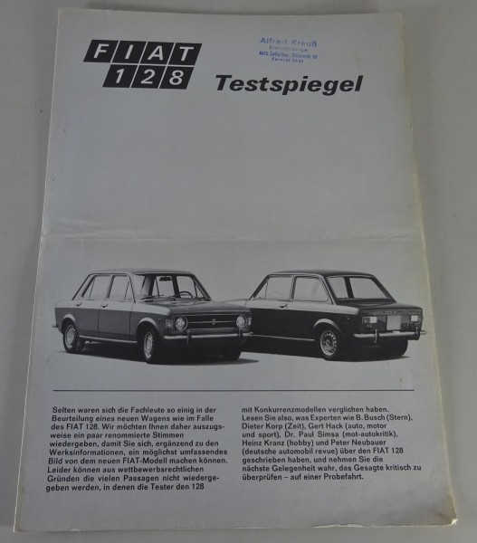 Prospekt / Broschüre | Fiat 128 Testspiegel mit Händlerstempel