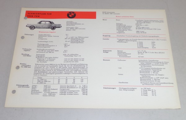 Schmierplan + Technische Daten BMW 1500 Baujahr 1962