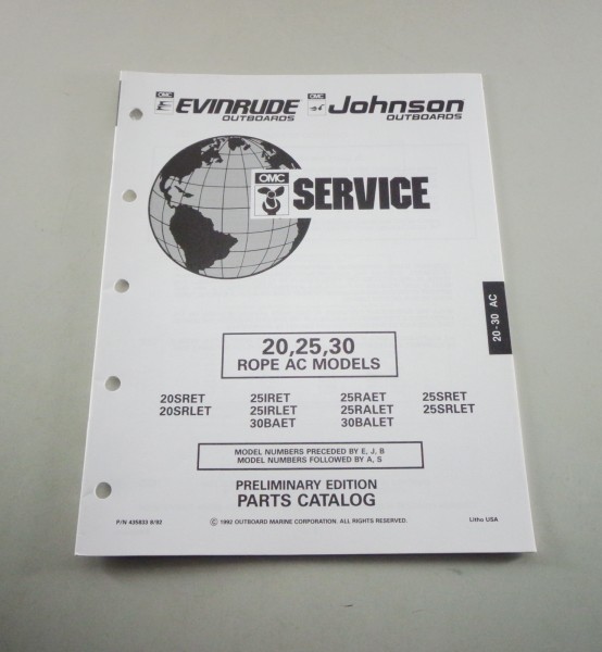 Teilekatalog OMC Evinrude Johnson Außenborder 20 / 25 / 30 Rope AC Models 8/92