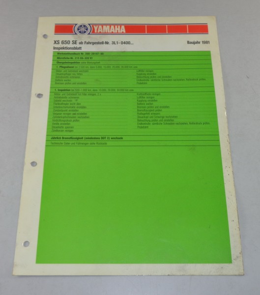 Inspektionsblatt Yamaha XS 650 SE Typ 3L1 Baujahr 1981