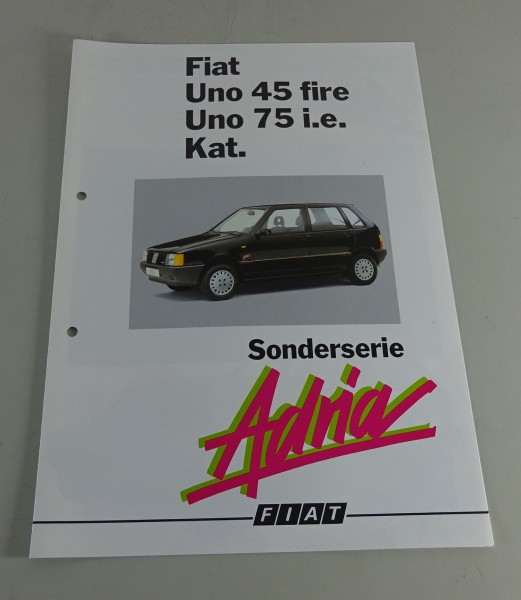 Prospekt / Broschüre Fiat Uno 45 fire / 75 i.e. / Kat Sondermodell Adria v, 1988