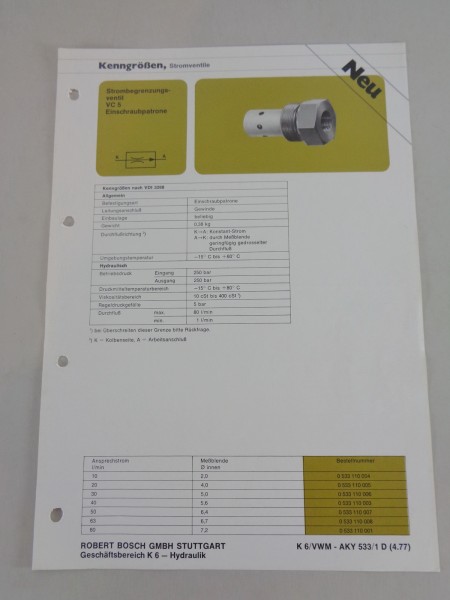 Technische Information / Kenngrößen Bosch Strombegrenzungsventil VC 5 von 1977