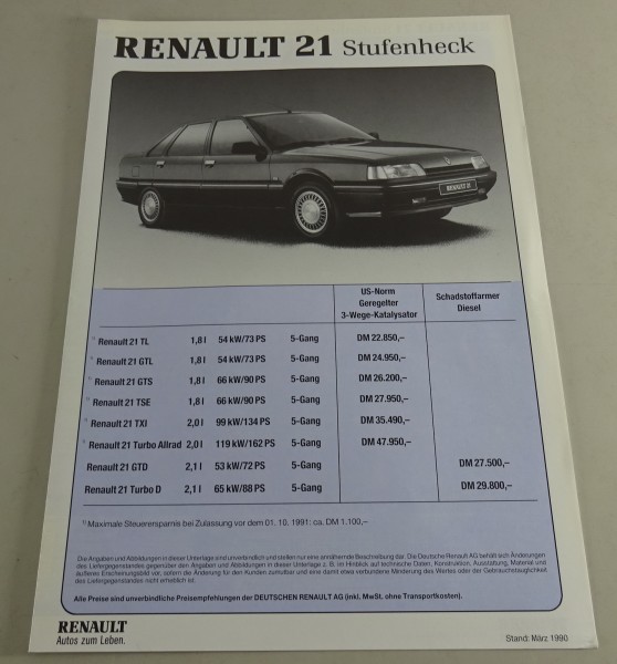 Prospekt / Preisliste Renault R21 Stufenheck Stand 03/1990