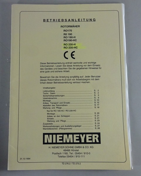 Betriebsanleitung Niemeyer Rotormäher RO 170 | 190 /-H/-HC | 230-H/-HC 10/1994