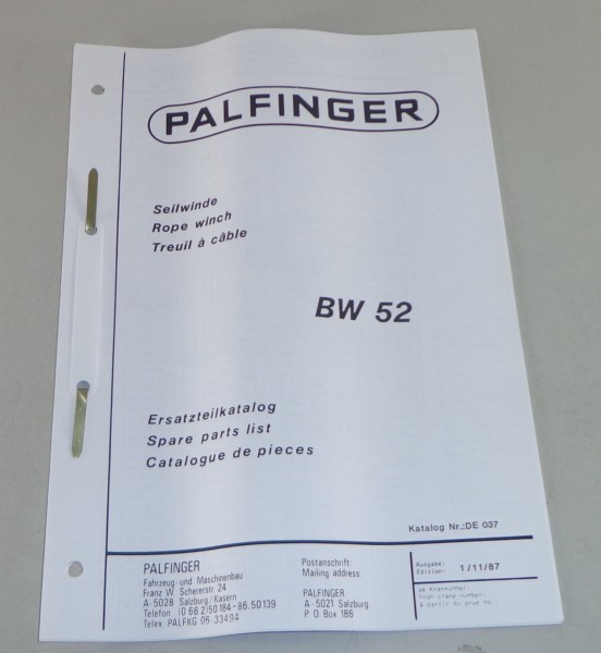 Teilekatalog / Spare Parts List Palfinger Seilwinde BW 52 Stand 11/1987