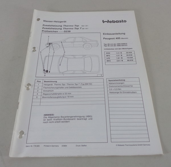 Einbauanweisung Webasto Standheizung Thermo Top / T Peugeot 405 Benzin von 1994