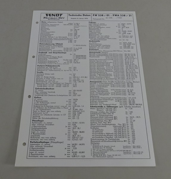 Inspektionsblatt Fendt Farmer 104 S Turbomatik Stand 01/1976