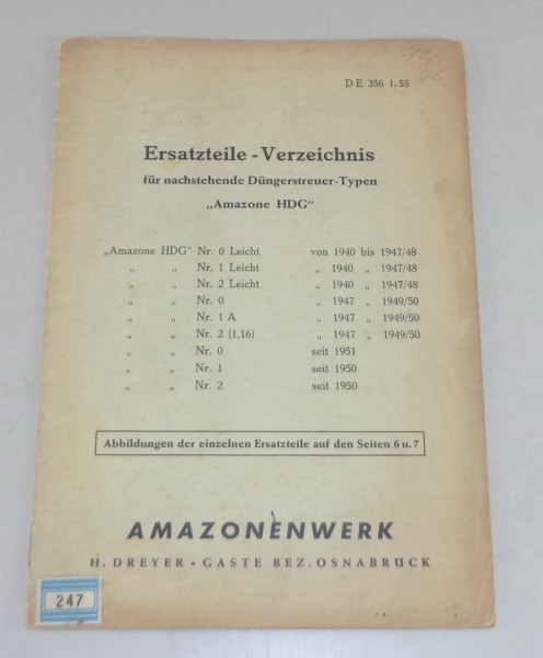 Teilekatalog / Ersatzteilliste Amazone HDG Düngerstreuer Stand 01/1955