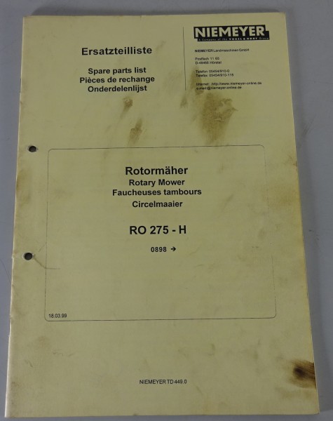 Teilekatalog / Spare Parts Niemeyer Rotormäher RO 275-H ab 08/98 Stand 03/1999