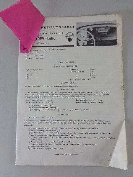 Einbauanleitung Blaupunkt Radio für BMW Isetta Stand 09/1958