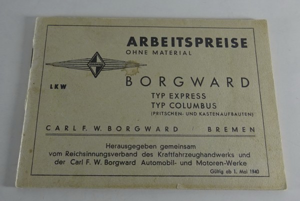 Arbeitspreise Borgward Express & Columbus Pritschen- und Kastenaufbauten 1940