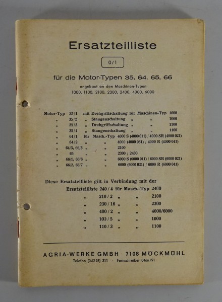 Teilekatalog / Ersatzteilliste Agria Motoren 35 / 64 / 65 / 66 - Stand 1966