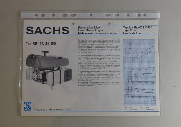 Typenblatt / Technische Daten Sachs Rasenmäher Motor SB 125, ST 150 - Stand 1975