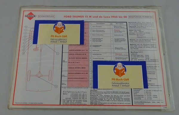 Gasolin Schmierplan für Ford Taunus 15M & de Luxe Weltkugel ab Baujahr 1955