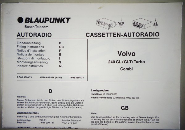 EInbauanleitung / Handbuch Blaupunkt für Volvo 240 GL / GLT / Turbo / Combi