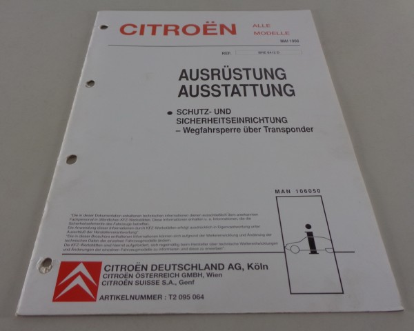 Werkstatthandbuch Citroen Ausrüstung Wegfahrsperre über Transponder 05/1998