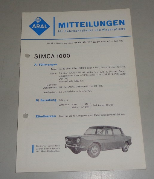 Service Mitteilung Aral Simca 1000 von 06/1962