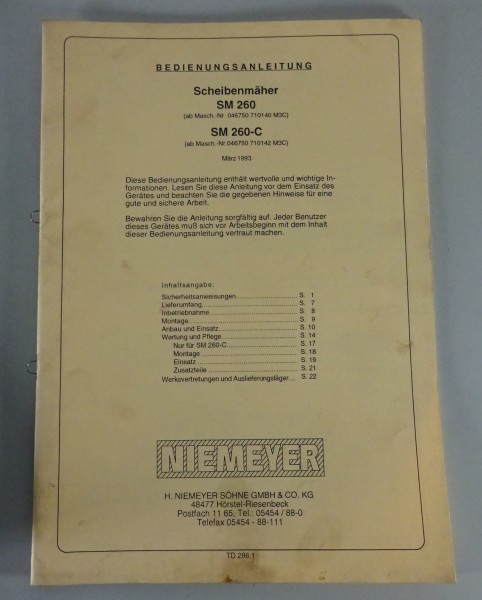 Betriebsanleitung / Handbuch Niemeyer Niemeyer Scheibenmäher SM 260 / -C 03/1993