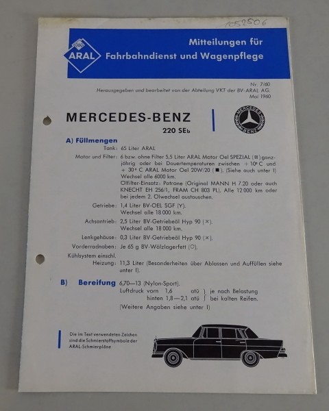 Service Mitteilung Aral Mercedes-Benz Heckflosse W111 220 SEb Stand 05/1960