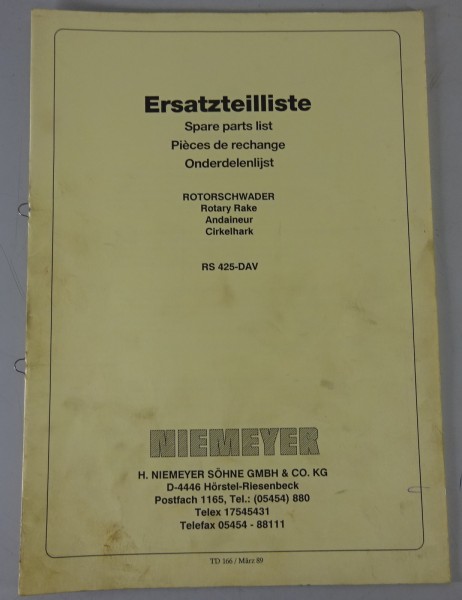 Teilekatalog / Spare Parts List Niemeyer Rotorschwader RS 425-DAV Stand 03/1989