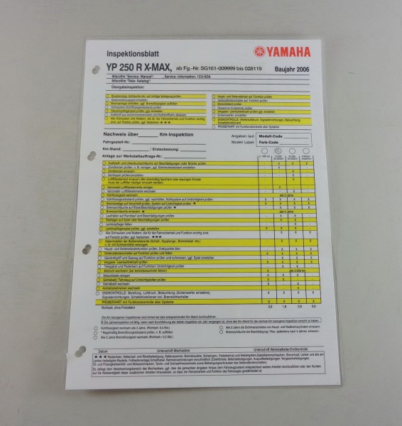Inspektionsblatt Yamaha YP 250 R X-Max Typ SG 161 Baujahr 2006