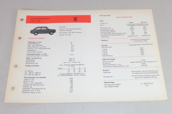 Schmierplan + Technische Daten Fiat 850 Limousine ab Baujahr 1964