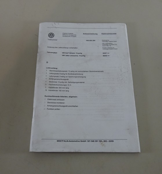 Anbauanleitung Anhängerkupplung VW Golf Variant, Jetta Limousine Typ 1K9