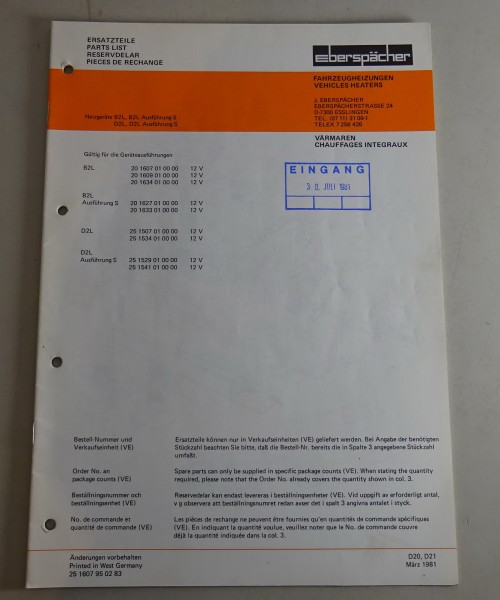 Teilekatalog/Ersatzteilliste Eberspächer Heizgeräte B2L / D2L /-S von 03/1981