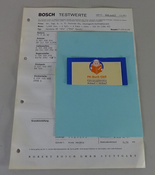 Bosch Testwerte Porsche Carrera GT "904" ("904" Sport) Baujahr 1963 - 1964