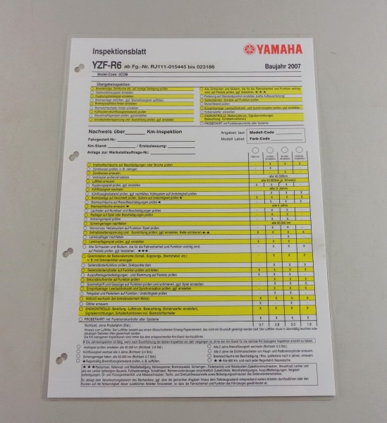 Inspektionsblatt Yamaha YZF-R6 Typ RJ 111 Stand 2007